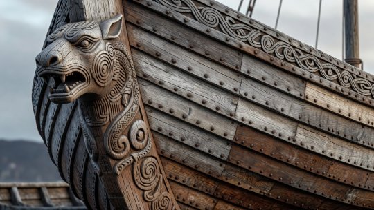 Intricately carved oak animal-head post and clinker-built hull planks of the ninth-century Oseberg Viking ship