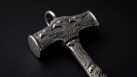 Tenth-century silver Thor's hammer pendant from Skåne with granulated bird-head filigree against dark background